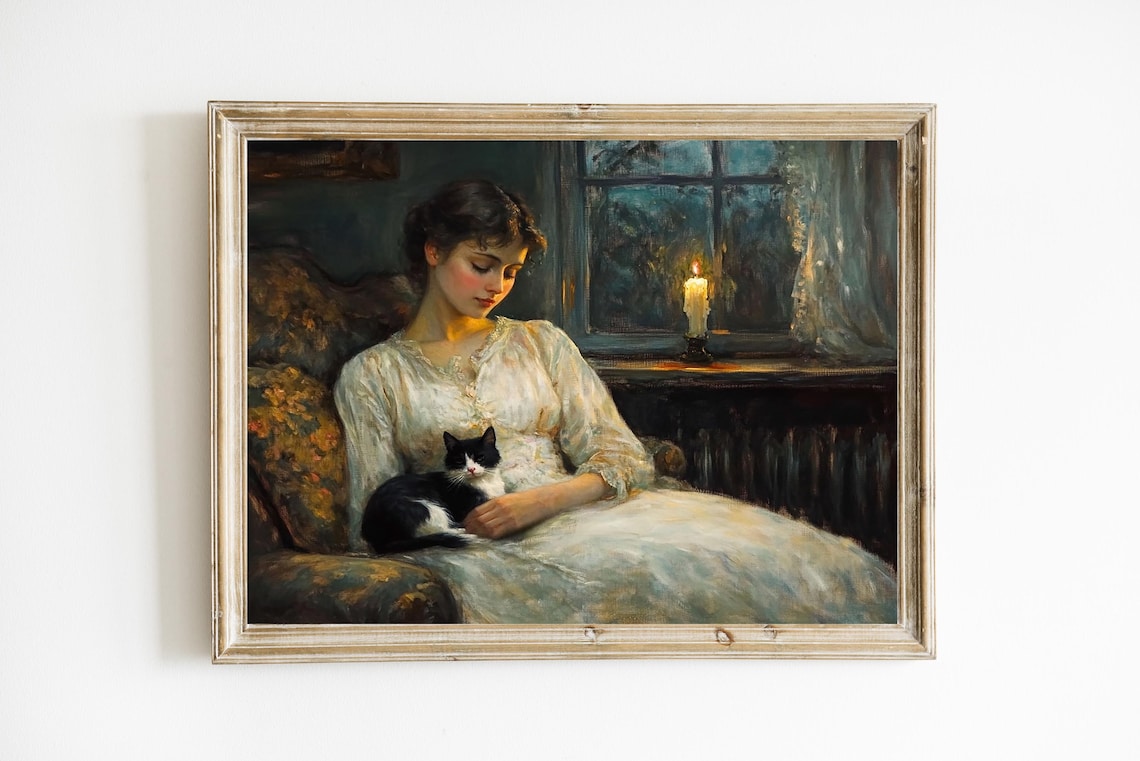 Reclining Woman With Tuxedo Cat Candlelit Vintage Portrait Poster