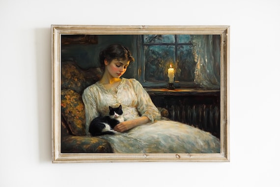 Reclining Woman With Tuxedo Cat Candlelit Vintage Portrait Poster