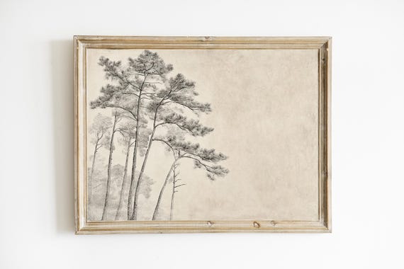 Antique Tree Sketch Rustic Forest Wall Art Neutral Vintage Minimalist E764