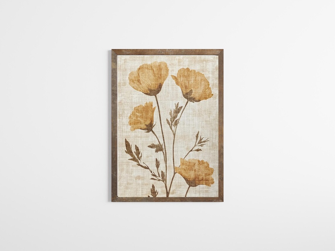 Golden Yellow Poppy Blooms Vintage Botanical Textile Wall Art