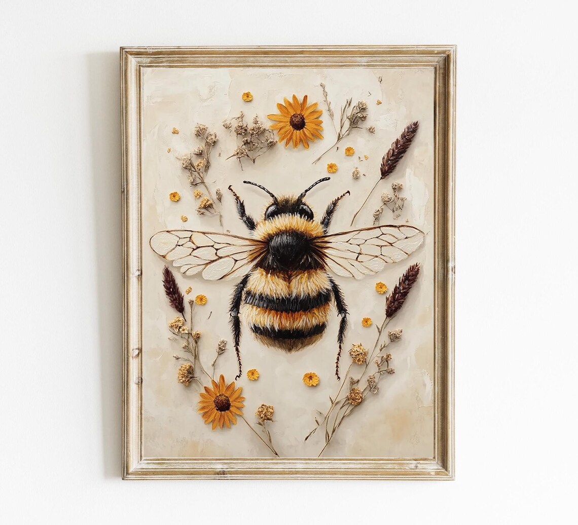 Pollinator Bee Wall Decor Whimsical Nature Nursery Floral Art Modern Farmhouse E383