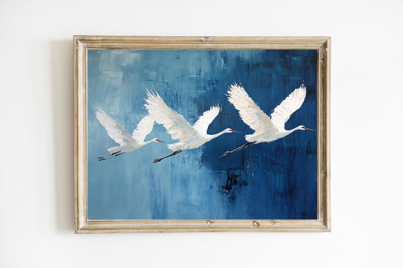 Flying Cranes Blue Coastal Art Print, Modern Abstract