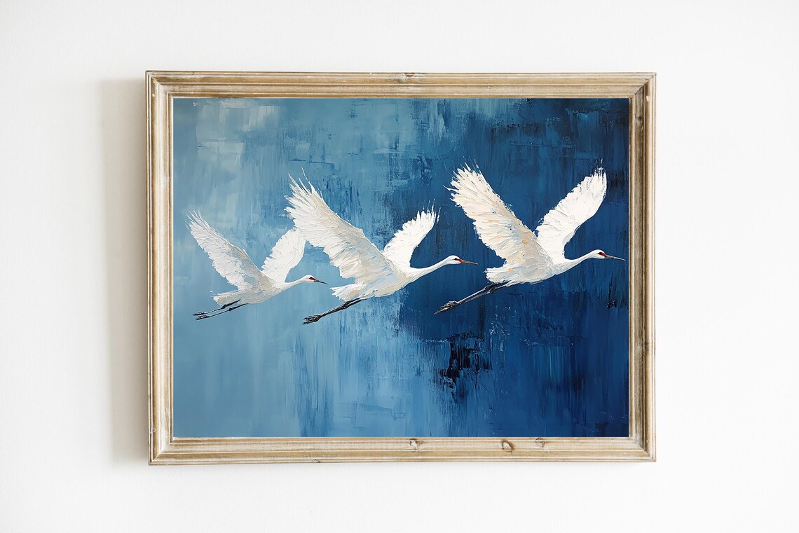 Flying Cranes Blue Coastal Art Print, Modern Abstract