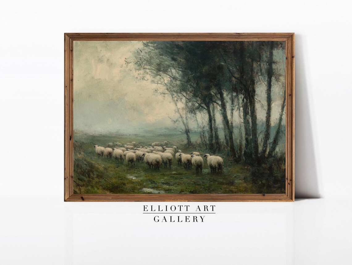 Sheep Flock Misty Green Meadow Vintage Pastoral Oil Painting Poster