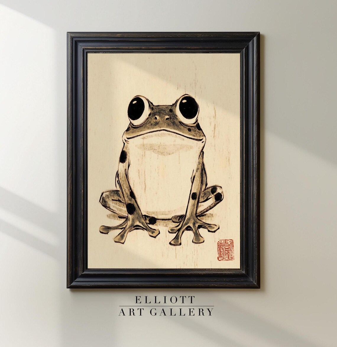 Green Frog with White Blossom Japanese Woodblock Vintage Animal Print