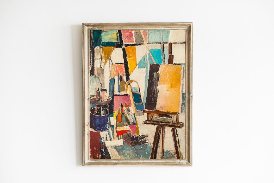 Colorful Abstract Artists Studio With Easel Cubist Style Poster