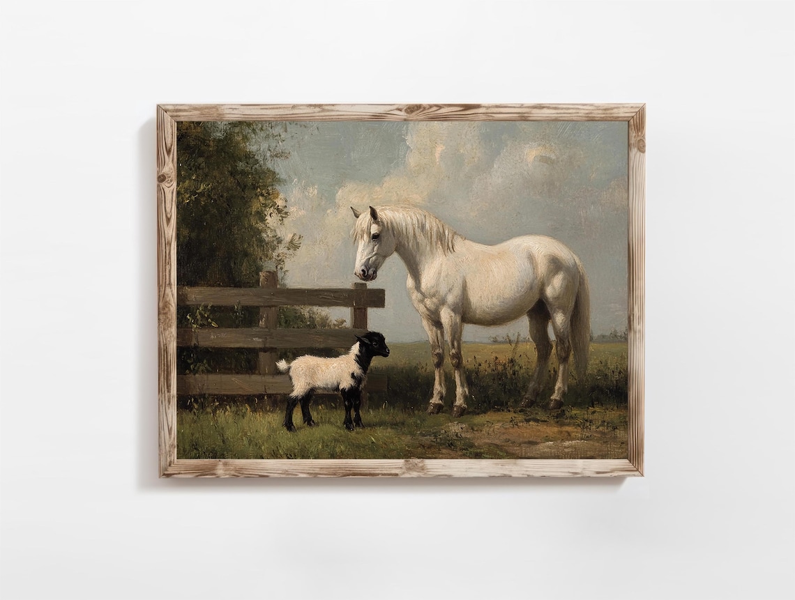 White Horse and Lamb by Fence Vintage Farm Animal Painting Poster