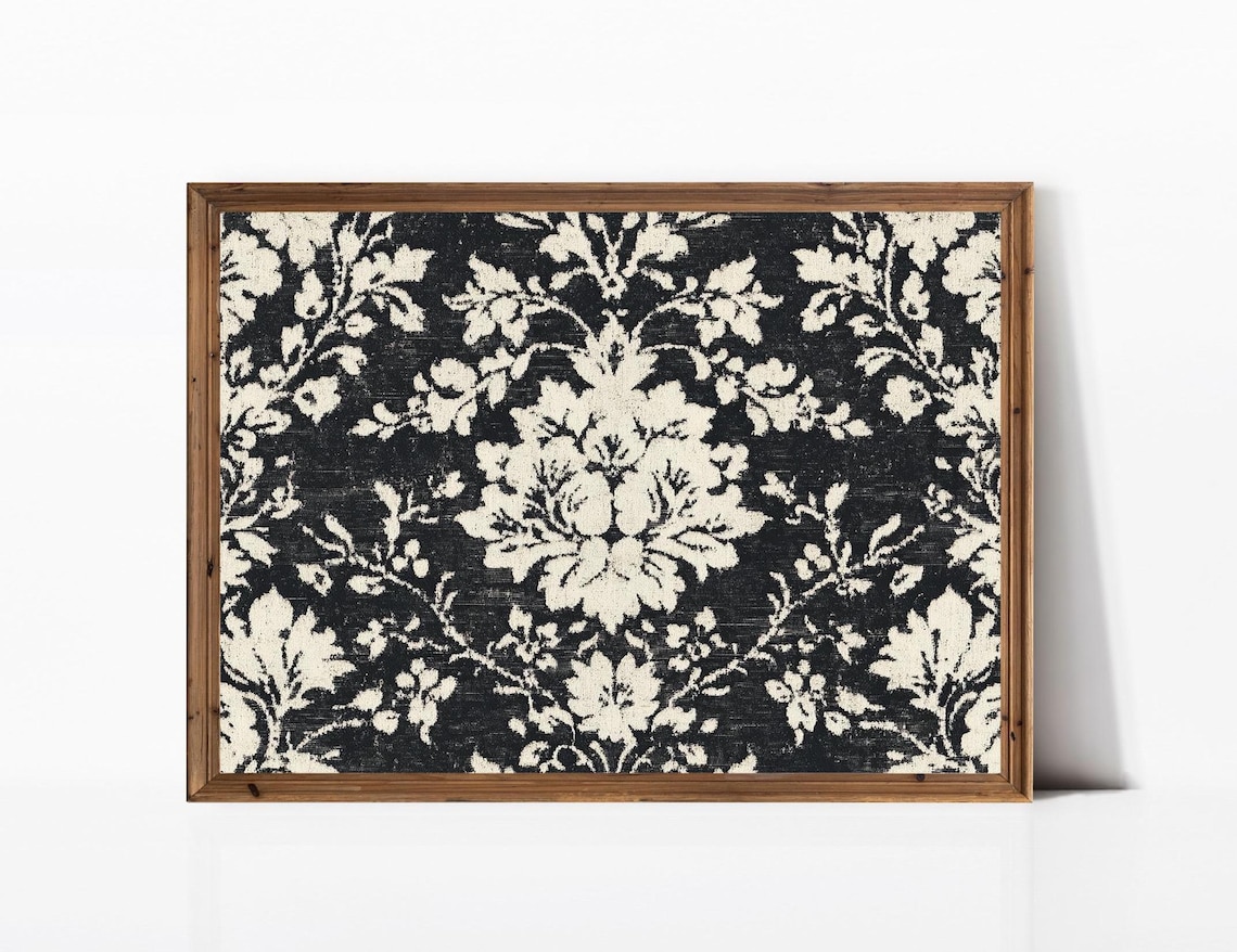 English Country Black Botanical Pattern, Vintage Farmhouse Art Print