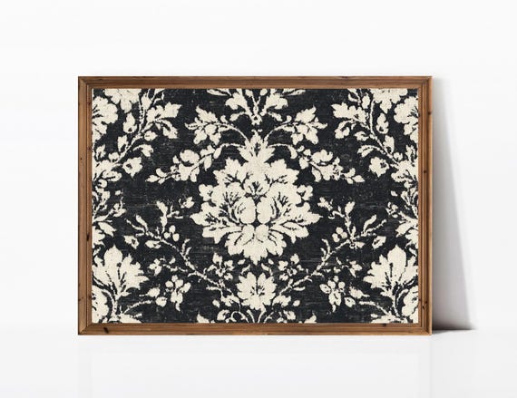 English Country Black Botanical Pattern, Vintage Farmhouse Art Print