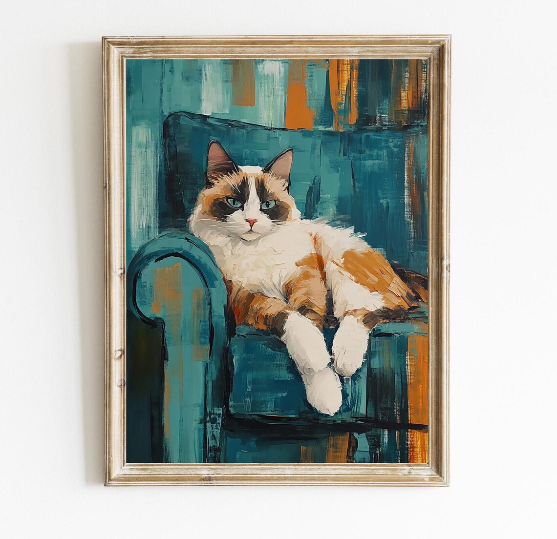 Vintage Fluffy Cat Resting On Teal Armchair Painting Style Wall Art