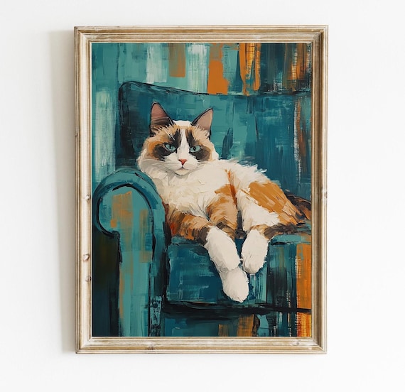 Vintage Fluffy Cat Resting On Teal Armchair Painting Style Wall Art