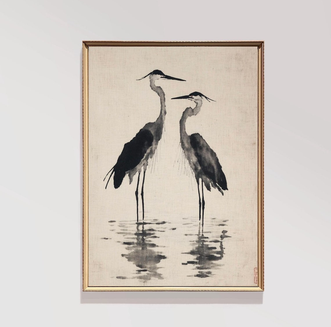 Vintage Heron Print, Neutral Coastal Dining Room Art
