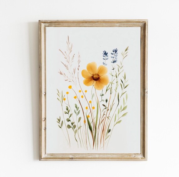 Spring Watercolor Wildflowers Yellow Bloom Minimalist Floral Wall Art