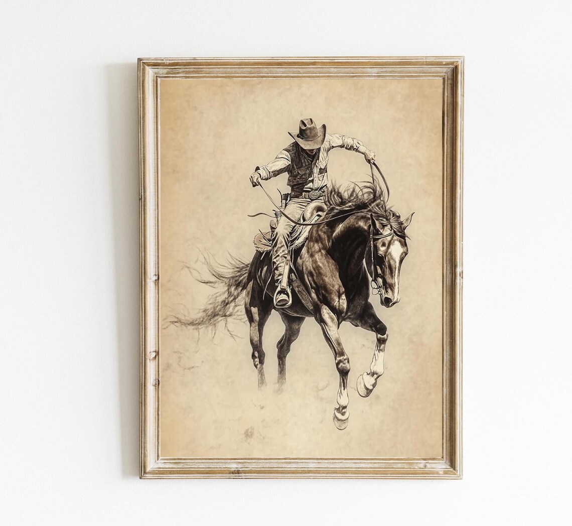 Bucking Bronco Cowboy Vintage Western Rope Sketch Rustic Art Poster