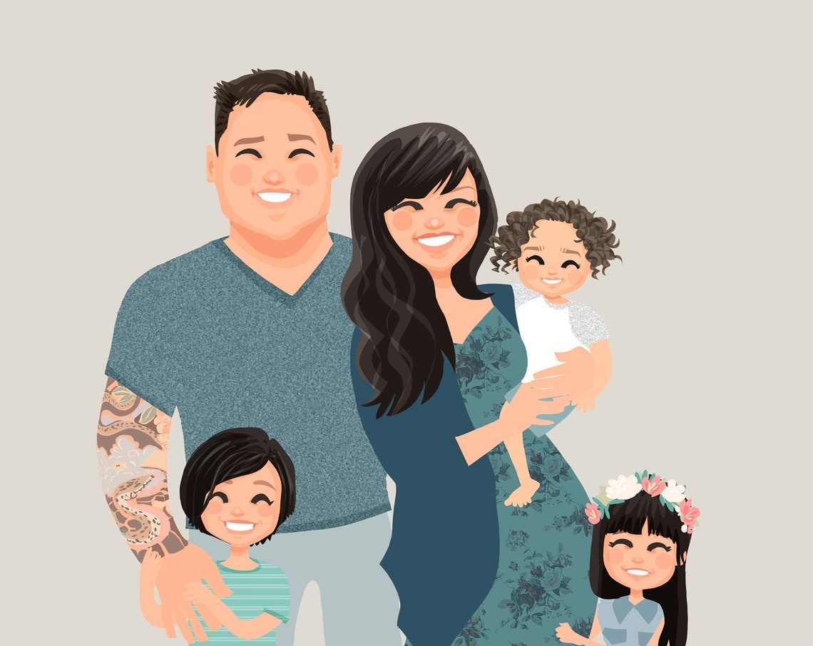 Custom Illustrated Family of Five Portrait With Three Children Poster - Image 6