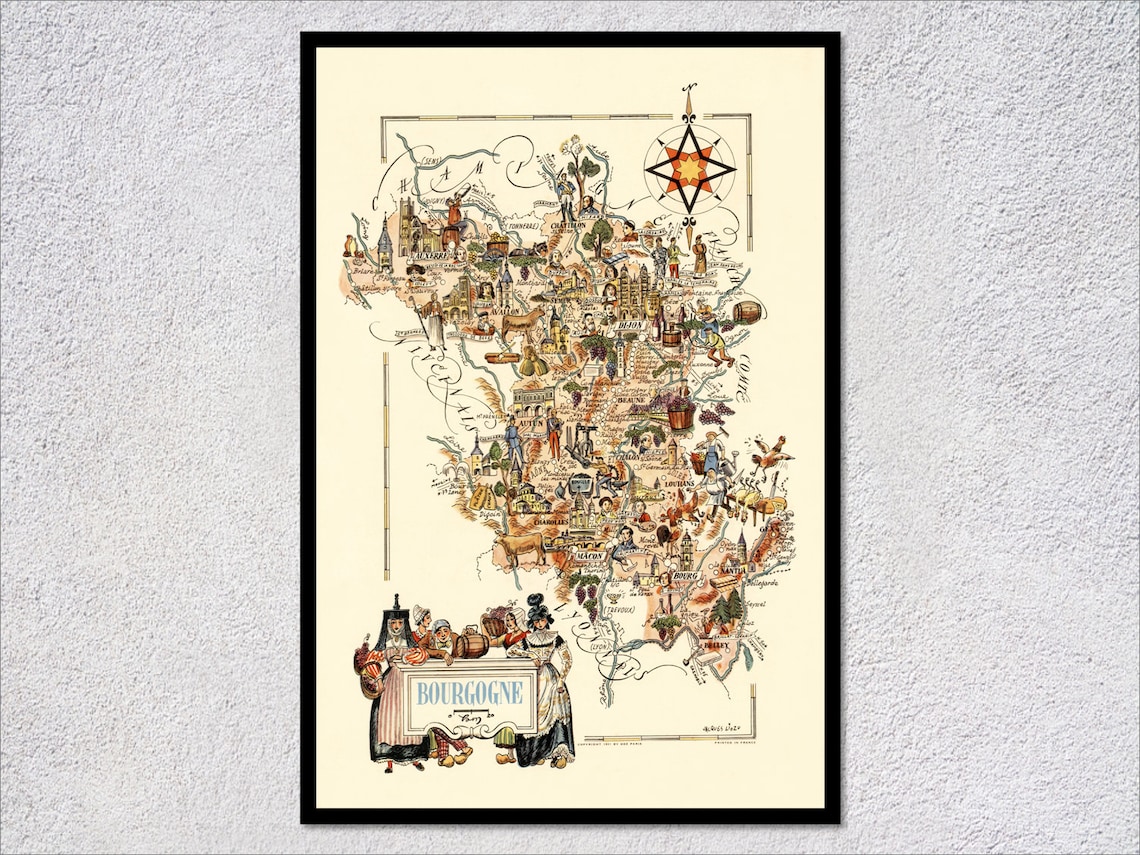 Bourgogne Burgundy France Illustrated Regional Map Vintage Wine Poster