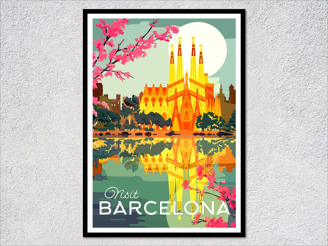 Visit Barcelona Sagrada Familia Reflection Blossom Moon Travel Poster