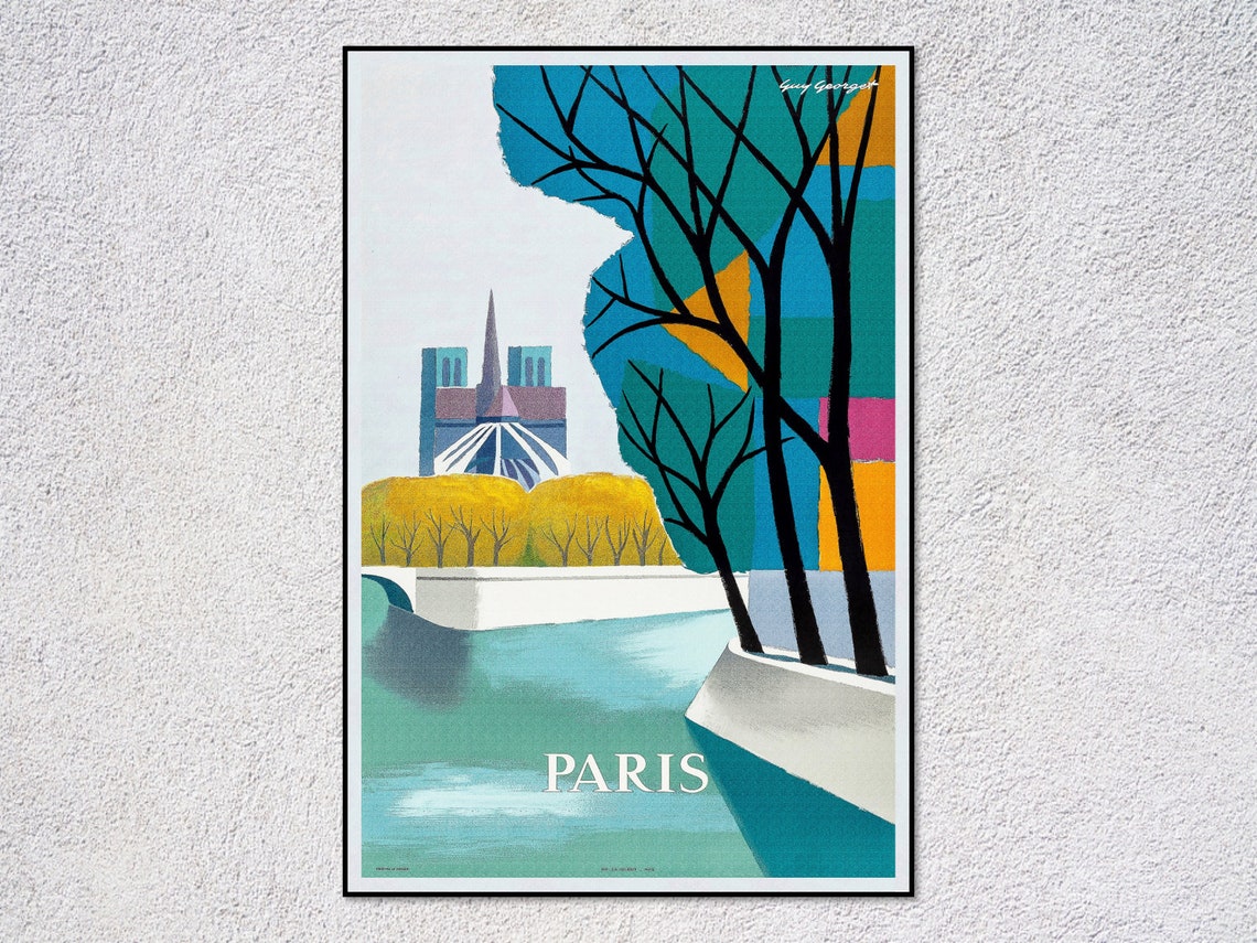 Paris Notre Dame Seine Colorblock Modernist River Scene Travel Poster