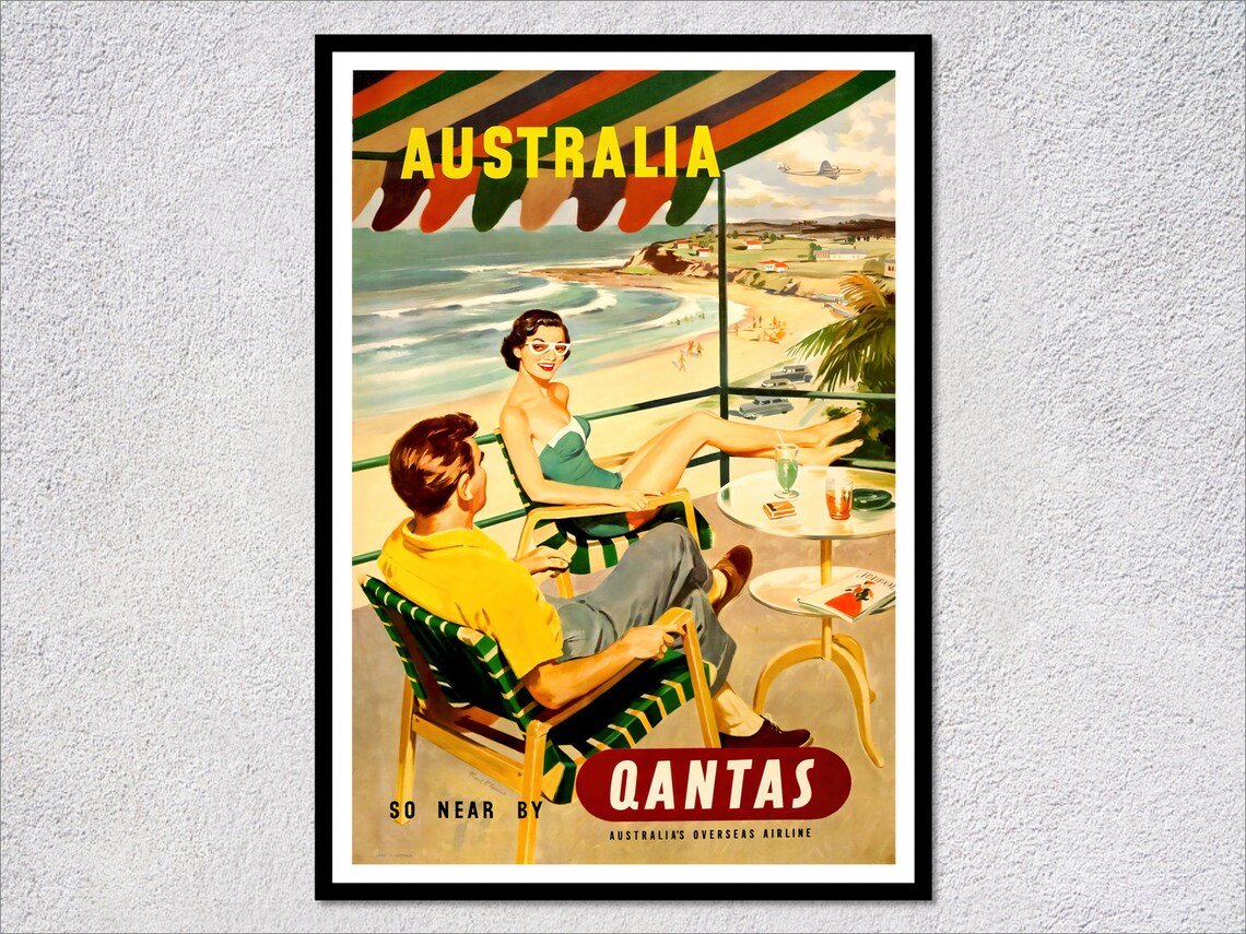 Australia Qantas So Near By Vintage Airline Beach Resort Travel Poster