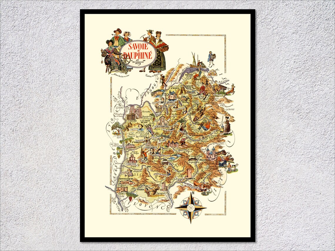 Savoie Dauphine France Vintage Illustrated Alpine Regional Map Poster