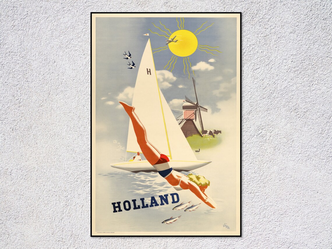 Holland Diving Woman Sailboat Windmill Sunny Vintage Travel Poster