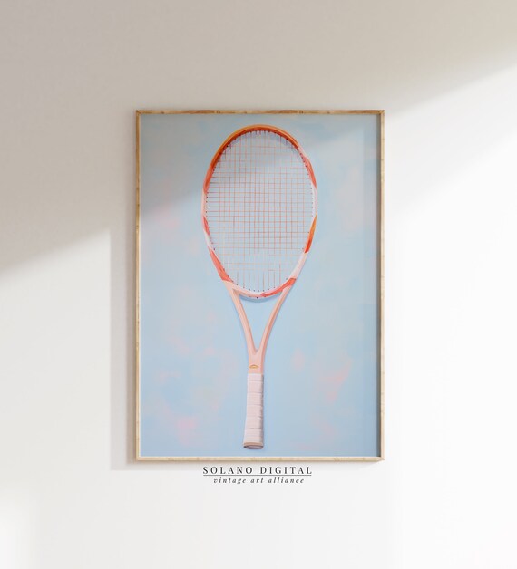 Pink Tennis Racket Watercolor Against Blue Sky Sports Art Poster