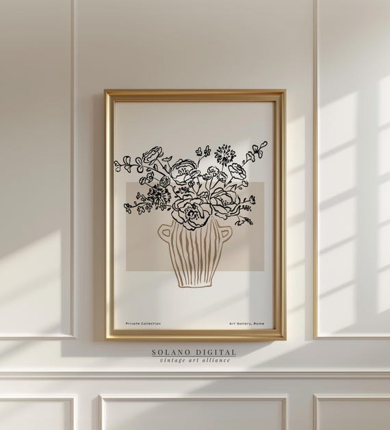 Boho Floral Vase Line Art, Neutral Botanical Print