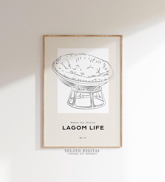 Minimalist Papasan Chair Line Art Print Lagom Life Poster Boho Home Decor Modern Cozy Living Room
