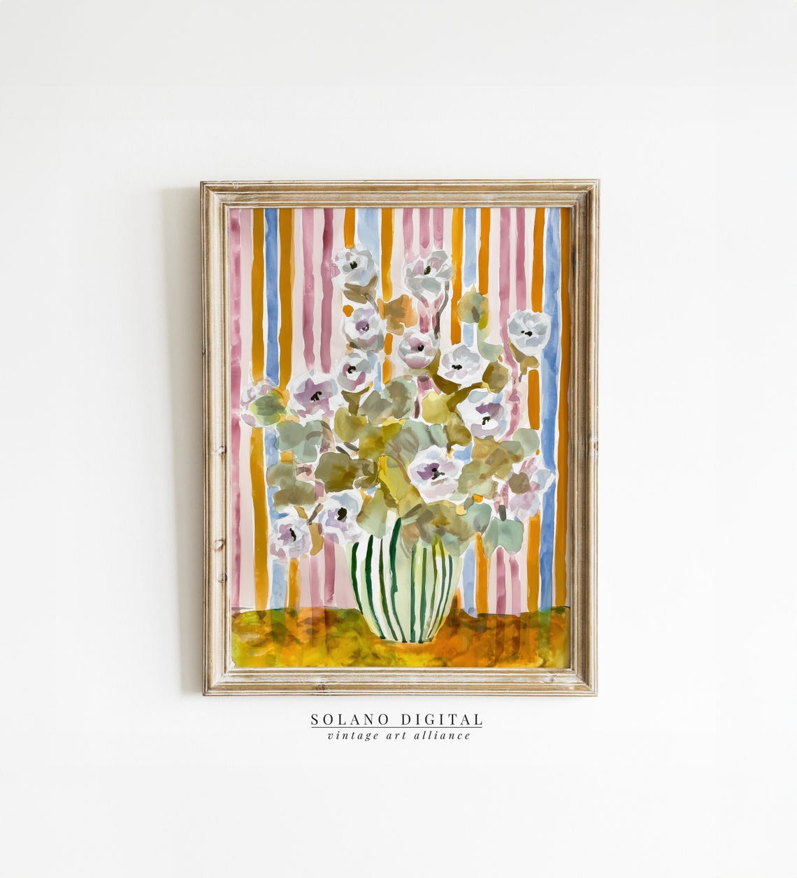 Pastel Striped Background White Anemone Bouquet in Striped Vase Watercolor Poster