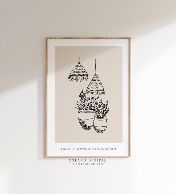 Lagom Style Art Scandinavian Minimalist Plant And Pendant Light Illustration Wall Decor For Calm Living Spaces