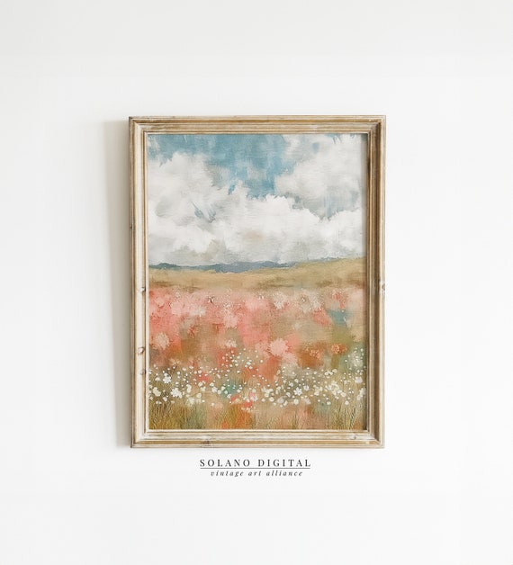 Spring Landscape Oil Painting Cloudy Sky Wall Art Country Farmhouse Antique Neutral Colors