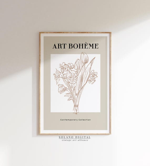 Neutral Botanical Line Art Print Minimalist Floral Wall Beige Flower Sketch Poster Artwork Modern Boho Home Decor