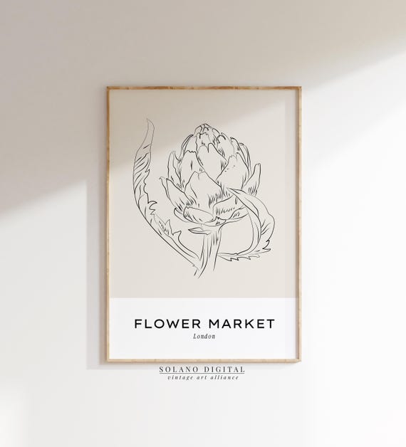 Artichoke Flower Line Drawing Print Minimal Botanical Wall Art Neutral Kitchen Market Poster