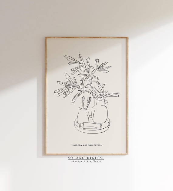 Minimalist Bathroom Line Art Vanity Botanical Modern Toothbrush Plant Wall Decor Poster