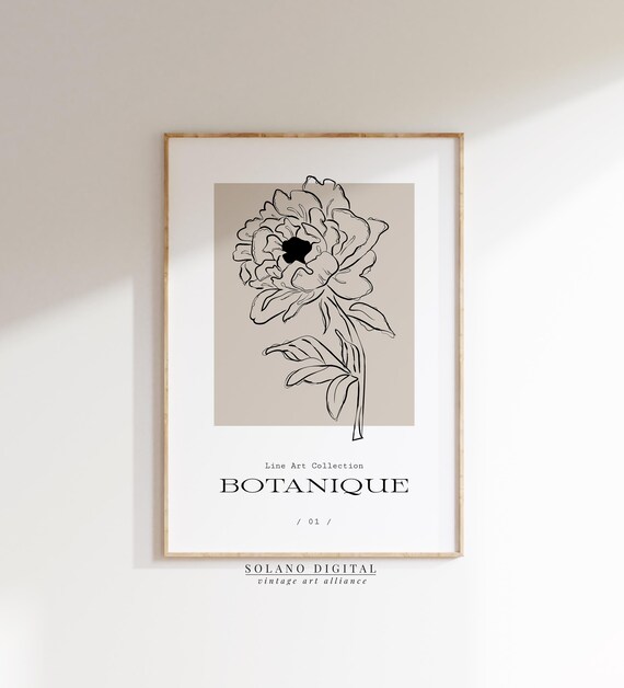 Botanical Flower Line Art Print Minimalist Peony Illustration Modern Black And Beige Floral Wall Decor