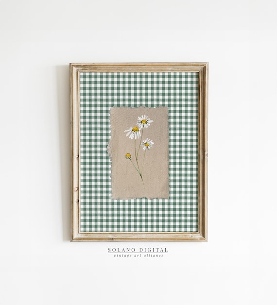 Green Gingham Flower Print, Vintage Floral Art Print