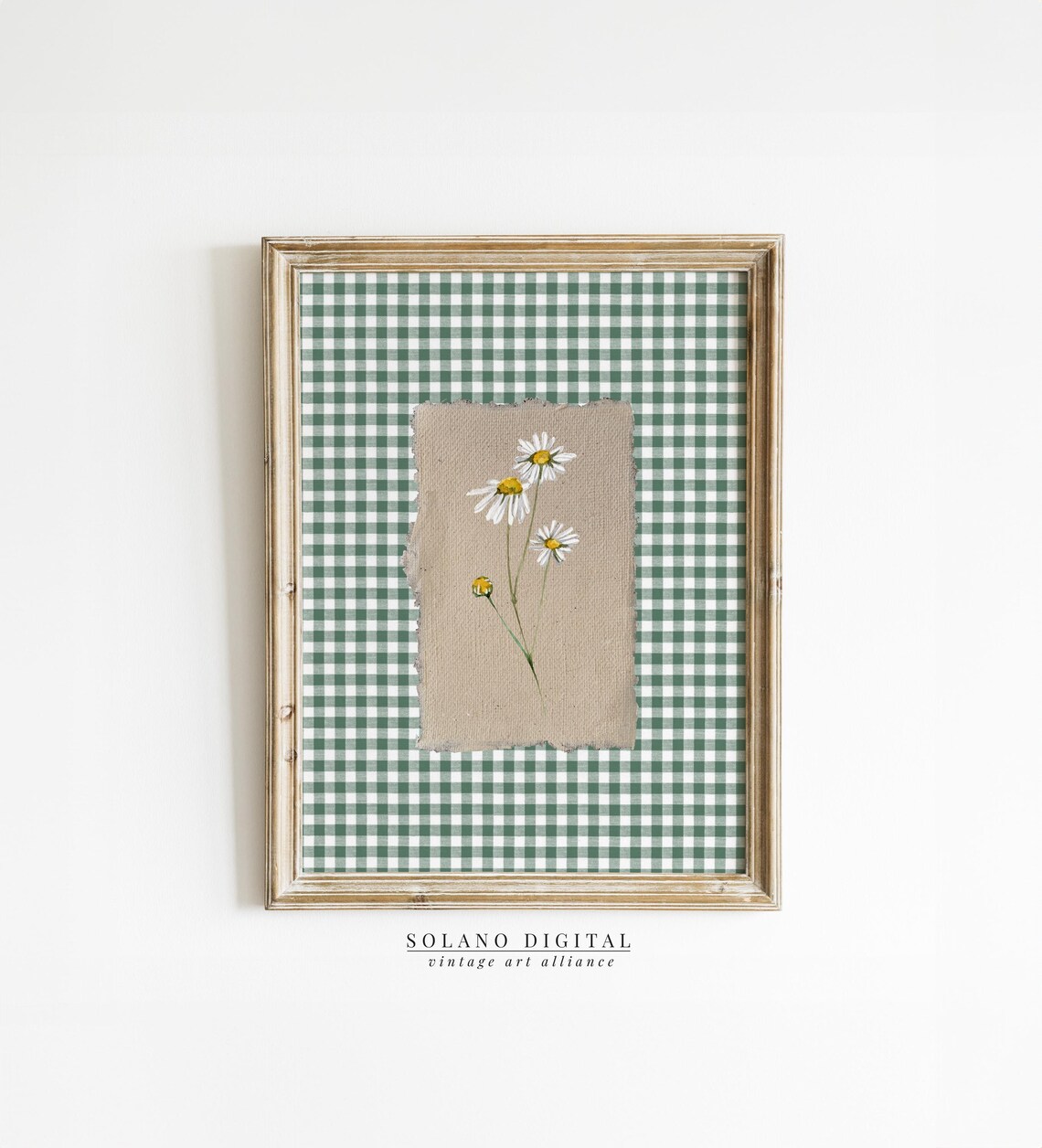 Green Gingham Flower Print, Vintage Floral Art Print