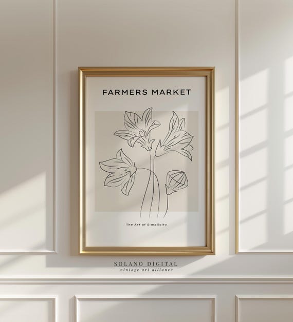 Minimalist Floral Art Farmers Market Line Drawing Poster Botanical Wall Neutral Boho Home Decor