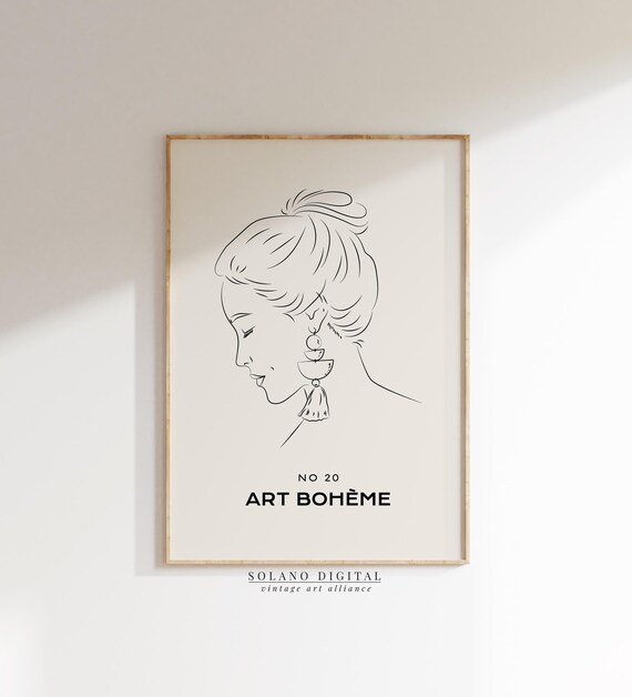 Boho Woman Line Art Print Minimalist Portrait Wall Female Face Illustration Modern Decor Poster