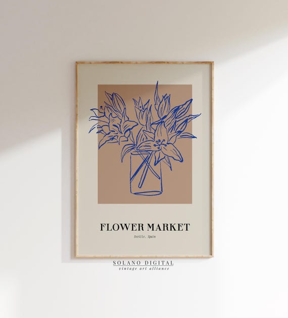 Flower Market Poster Blue Line Art Botanical Wall For Kitchen Or Living Room Decor