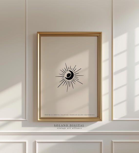 Mystical Sun Moon Wall Art Spiritual Line Drawing Poster Minimal Boho Celestial Decor Black Beige