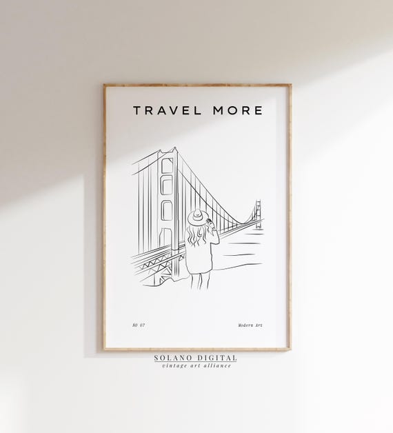 San Francisco Golden Gate Bridge Print Travel Poster Art Wanderlust Wall Decor Cityscape Minimalist Line Drawing