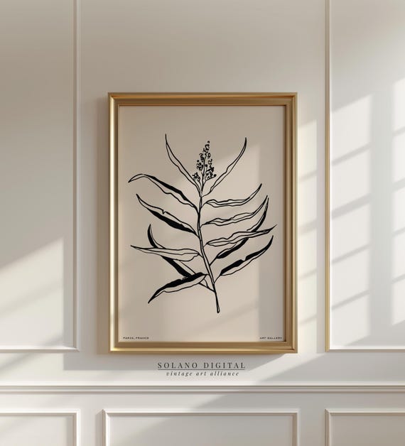 Minimalist Botanical Line Drawing Black Plant Wall Art Print Modern Leaf Neutral Decor Poster