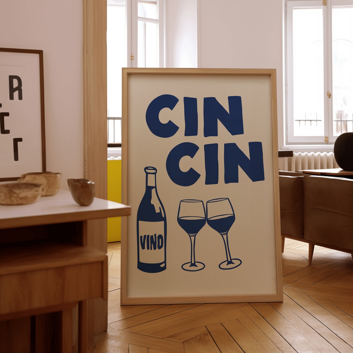 Cin Cin Navy Blue Wine Toast Bottle Vino Cream Vintage Bar Cart Poster - Image 3