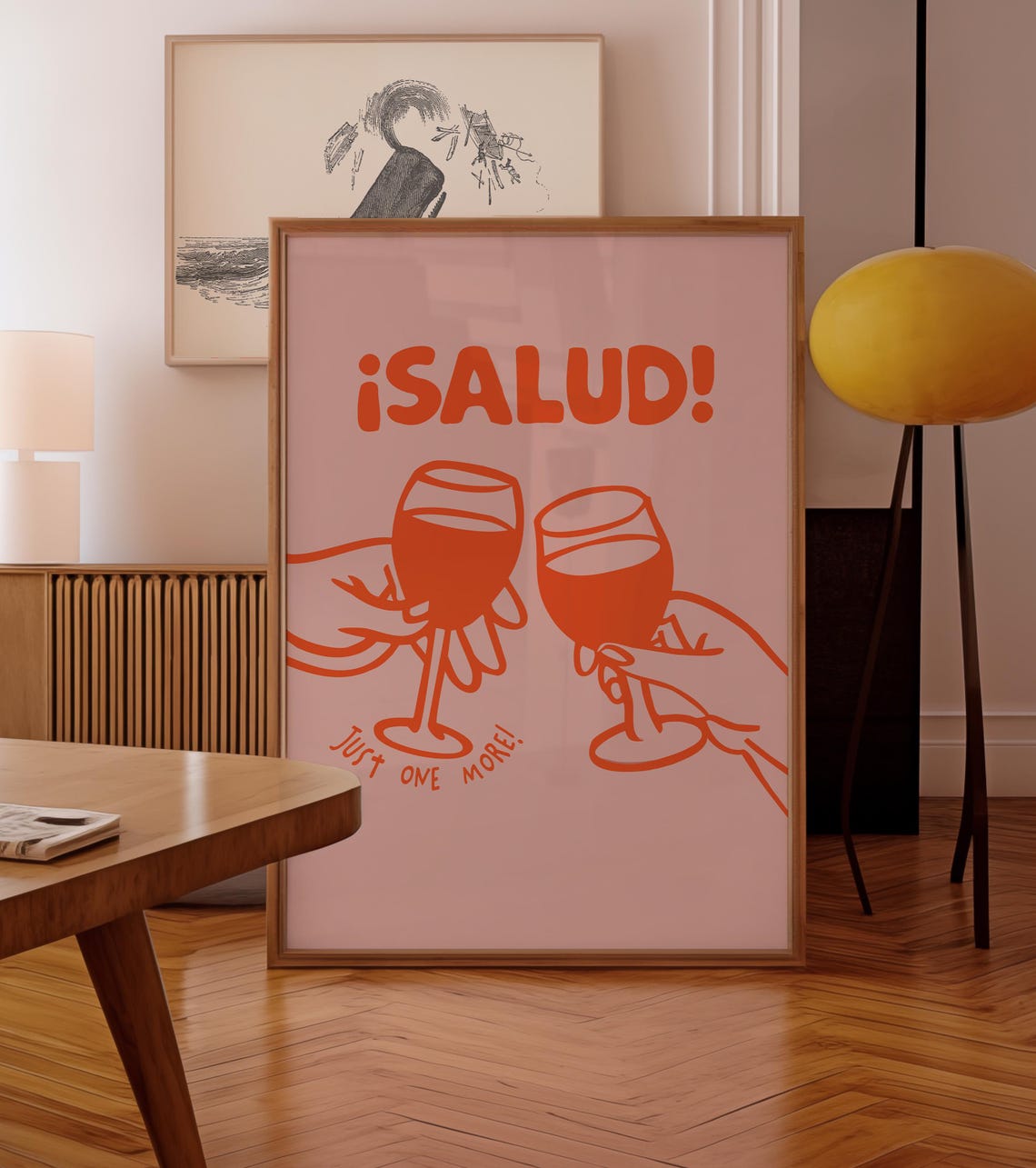 Salud Just One More Wine Glasses Cheerful Toast Pink Retro Art Print - Image 3