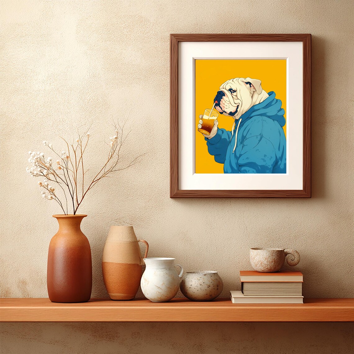 English Bulldog Drinking Iced Coffee Blue Hoodie Funny Pop Art Poster - Image 3