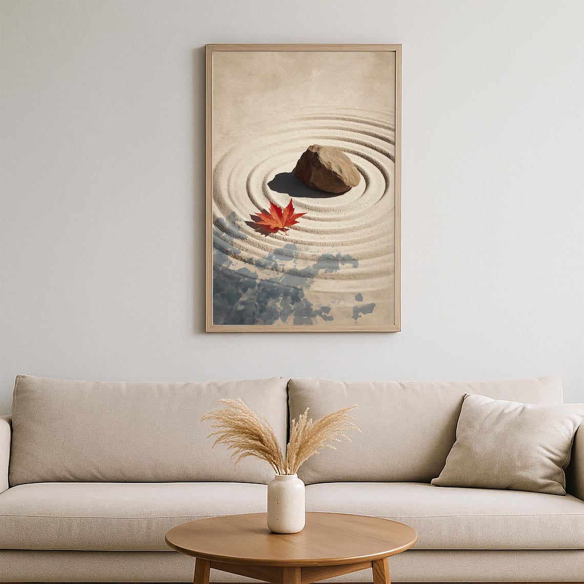 Zen Garden Raked Sand Stone Red Maple Leaf Stillness Art Poster - Image 2