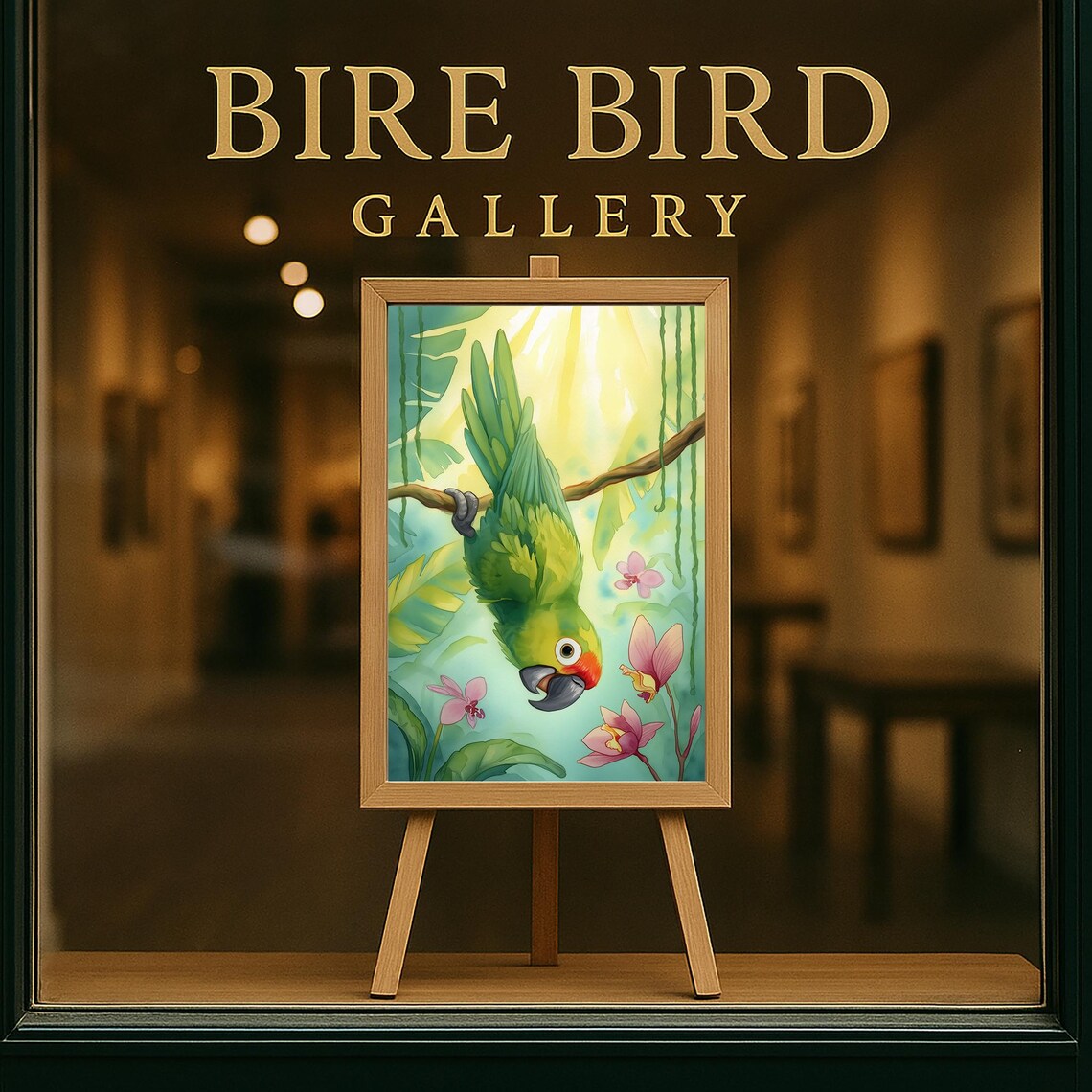 Playful Green Parrot Upside Down Among Pink Orchids Jungle Poster - Image 5