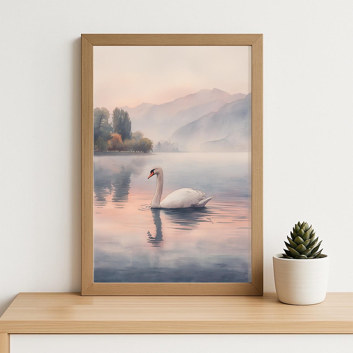 White Swan On Misty Lake At Sunrise Serene Mountain Watercolor Poster