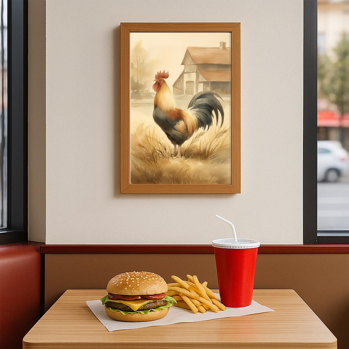 Proud Rooster In Golden Wheat Field With Rustic Barn Watercolor Poster - Image 3